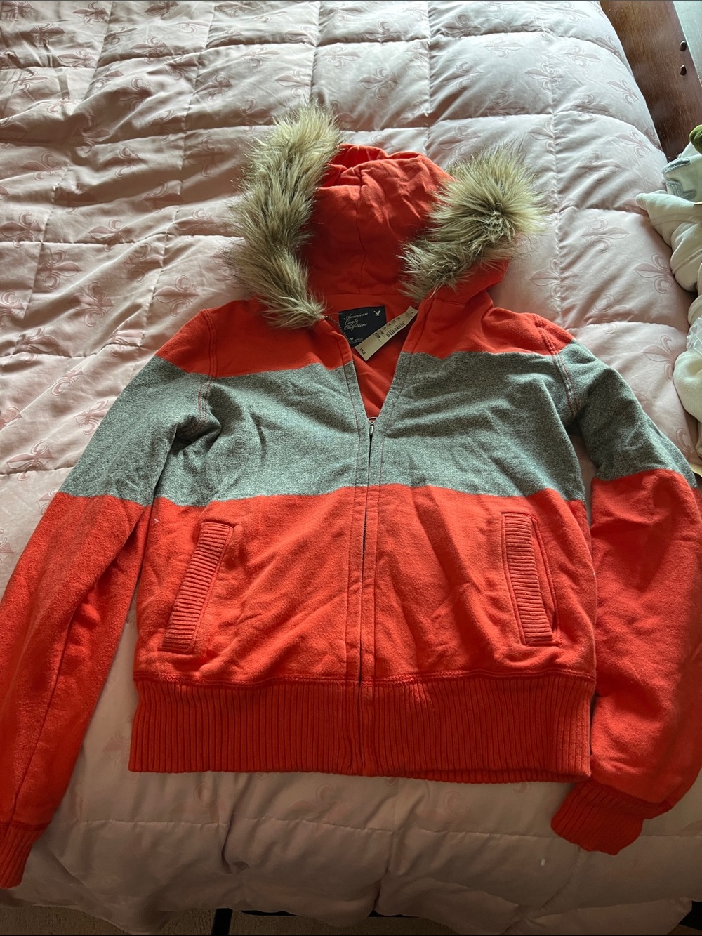NWT American Eagle Orange and Gray Hooded Zip Jacket with Faux Fur Trim SZ M